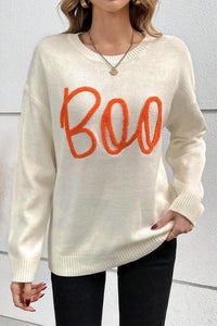 KaleaBoutique Boo Knitted Pattern Ribbed Edge Drop Shoulder Sweater - KaleaBoutique.com