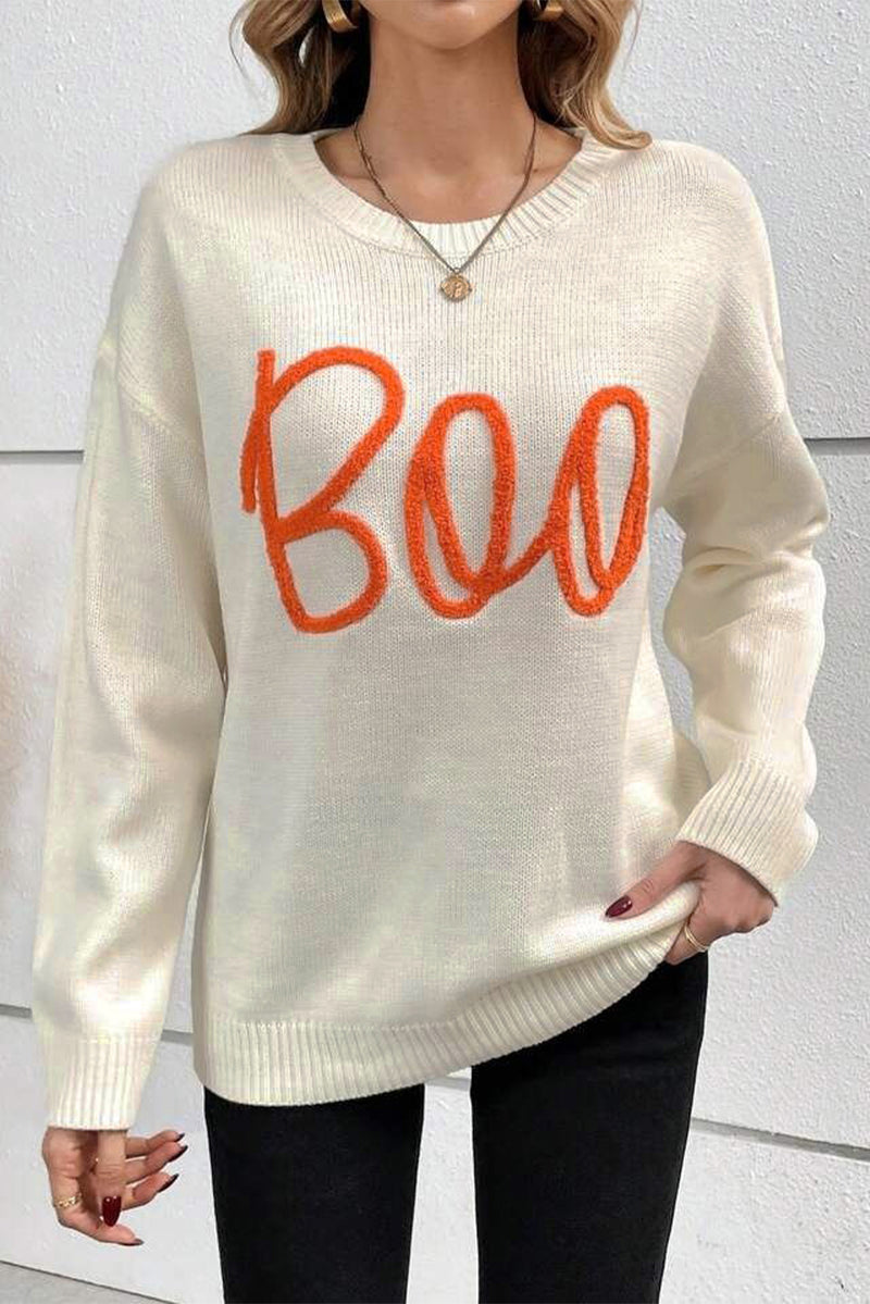 KaleaBoutique Boo Knitted Pattern Ribbed Edge Drop Shoulder Sweater - KaleaBoutique.com