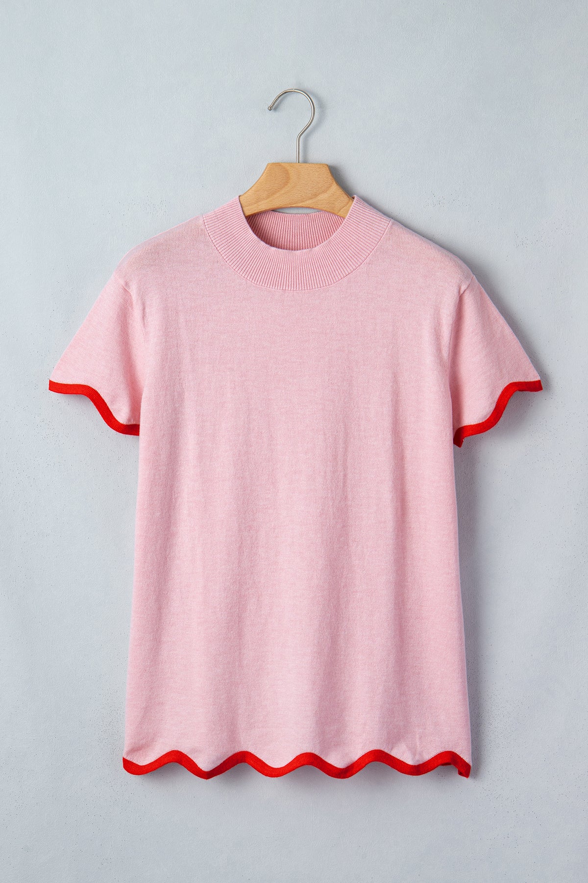 KaleaBoutique Comfortable Stand Neck Contrast Wavy Trim Short Sleeve Sweater - KaleaBoutique.com