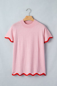 KaleaBoutique Comfortable Stand Neck Contrast Wavy Trim Short Sleeve Sweater - KaleaBoutique.com