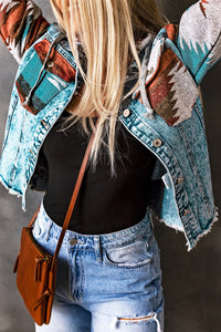 KaleaBoutique Stylish Aztec Print Frayed Hem Denim Jacket - KaleaBoutique.com