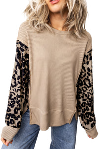 KaleaBoutique Stylish Leopard Sleeve Waffle Knit Split Hem Top - KaleaBoutique.com