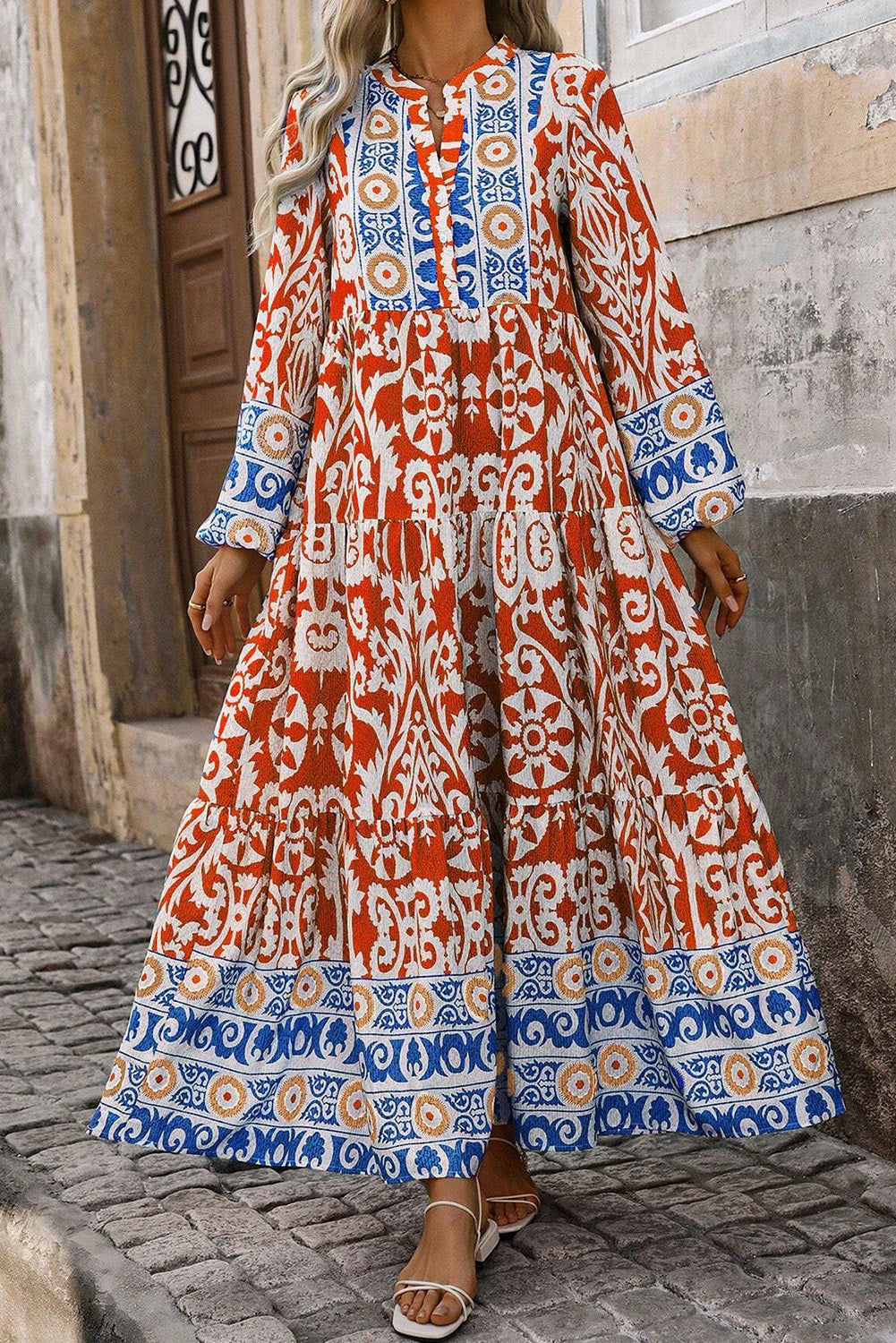 Boho Geometric Printed Long Sleeve Maxi Dress - KaleaBoutique.com