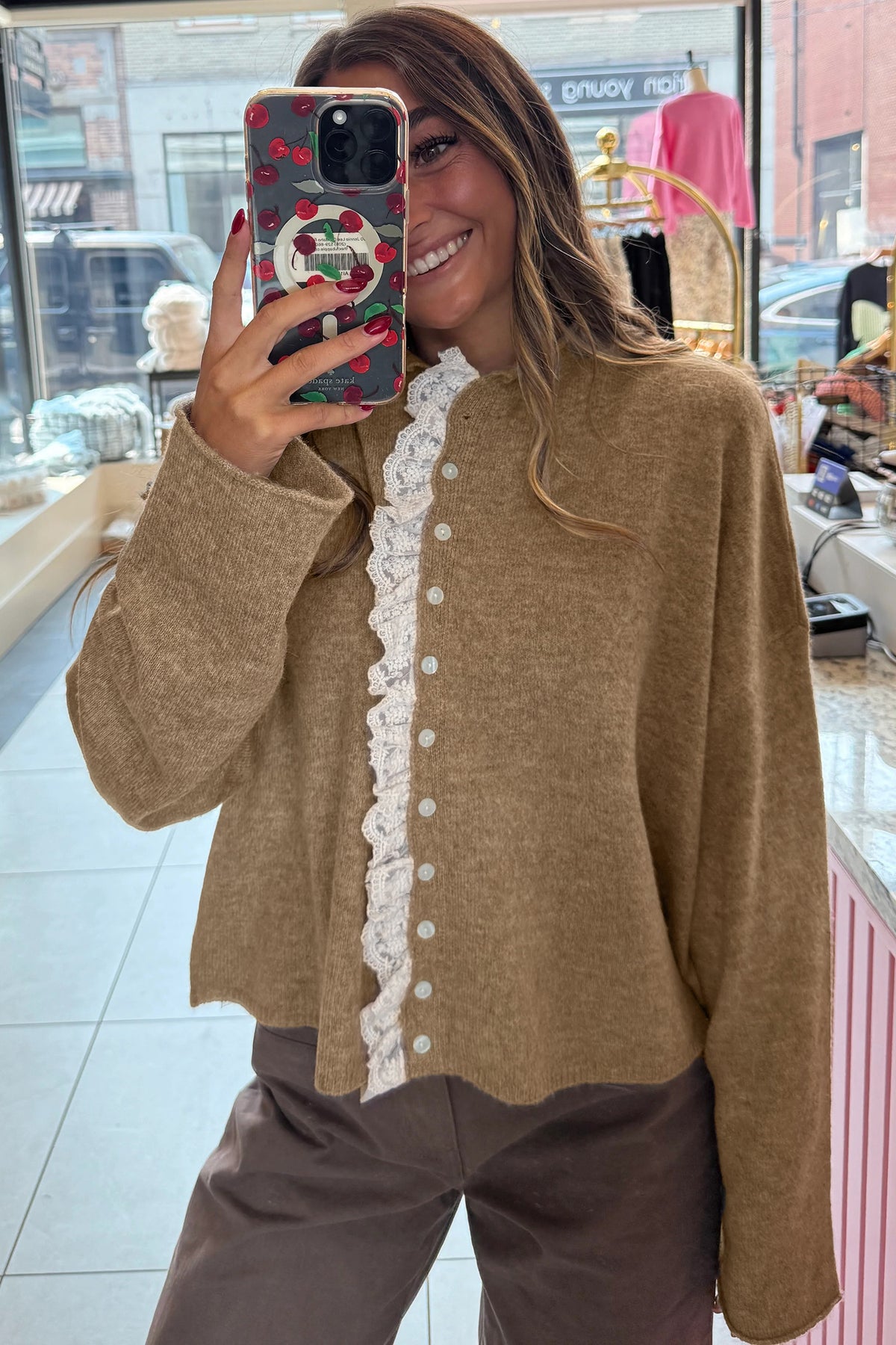 KaleaBoutique Comfortable Contrast Frilled Lace Trim Loose Cardigan Sweater - KaleaBoutique.com