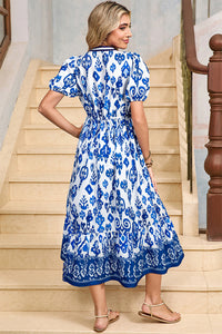 KaleaBoutique Stylish Floral Puff Short Sleeve V Neck High Waist Maxi Dress - KaleaBoutique.com