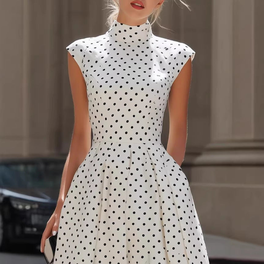 Women's White Polka-Dot High-Neck A-Line Maxi Dress - KaleaBoutique.com
