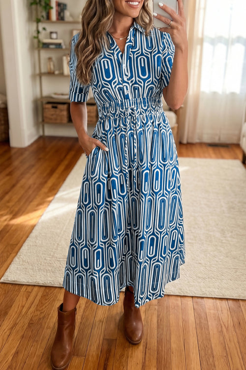 KaleaBoutique Stylish Geometric Print Short Sleeve Drawstring Shirt Collar Dress - KaleaBoutique.com