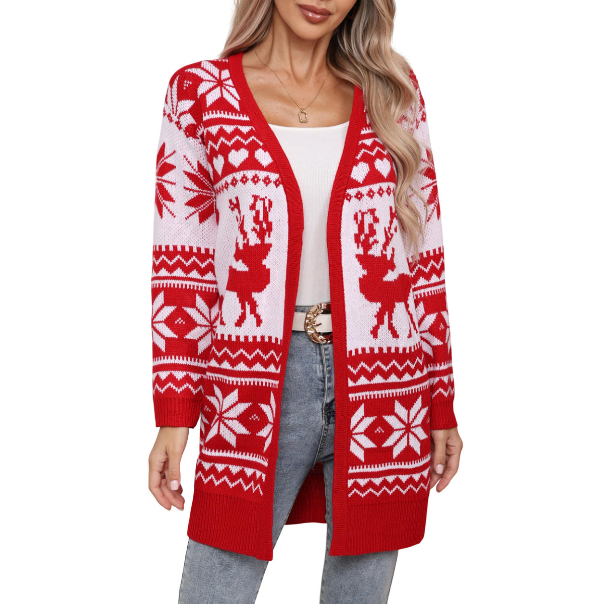 Women's Reindeer and Snowflake Longline Open-Front Cardigan - KaleaBoutique.com