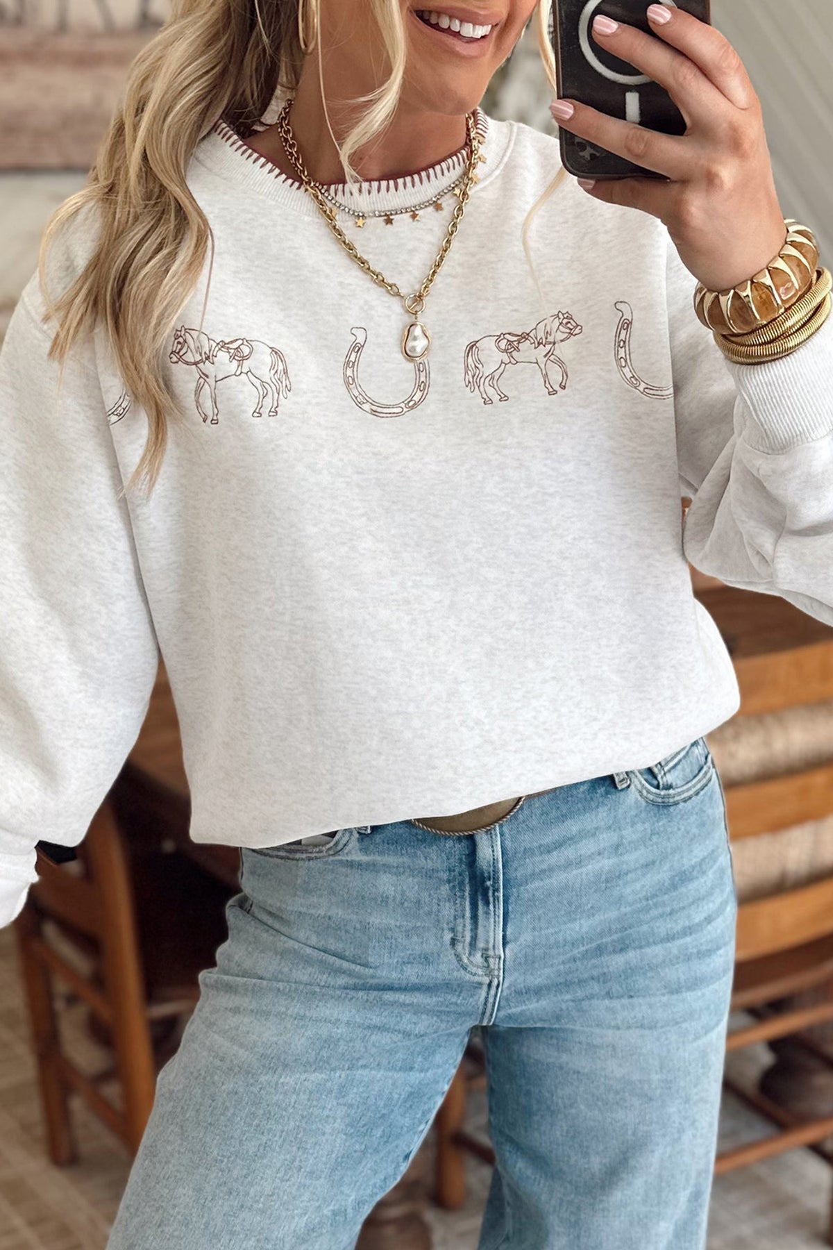KaleaBoutique Stylish Western Print Embroidered Casual Sweatshirt - KaleaBoutique.com