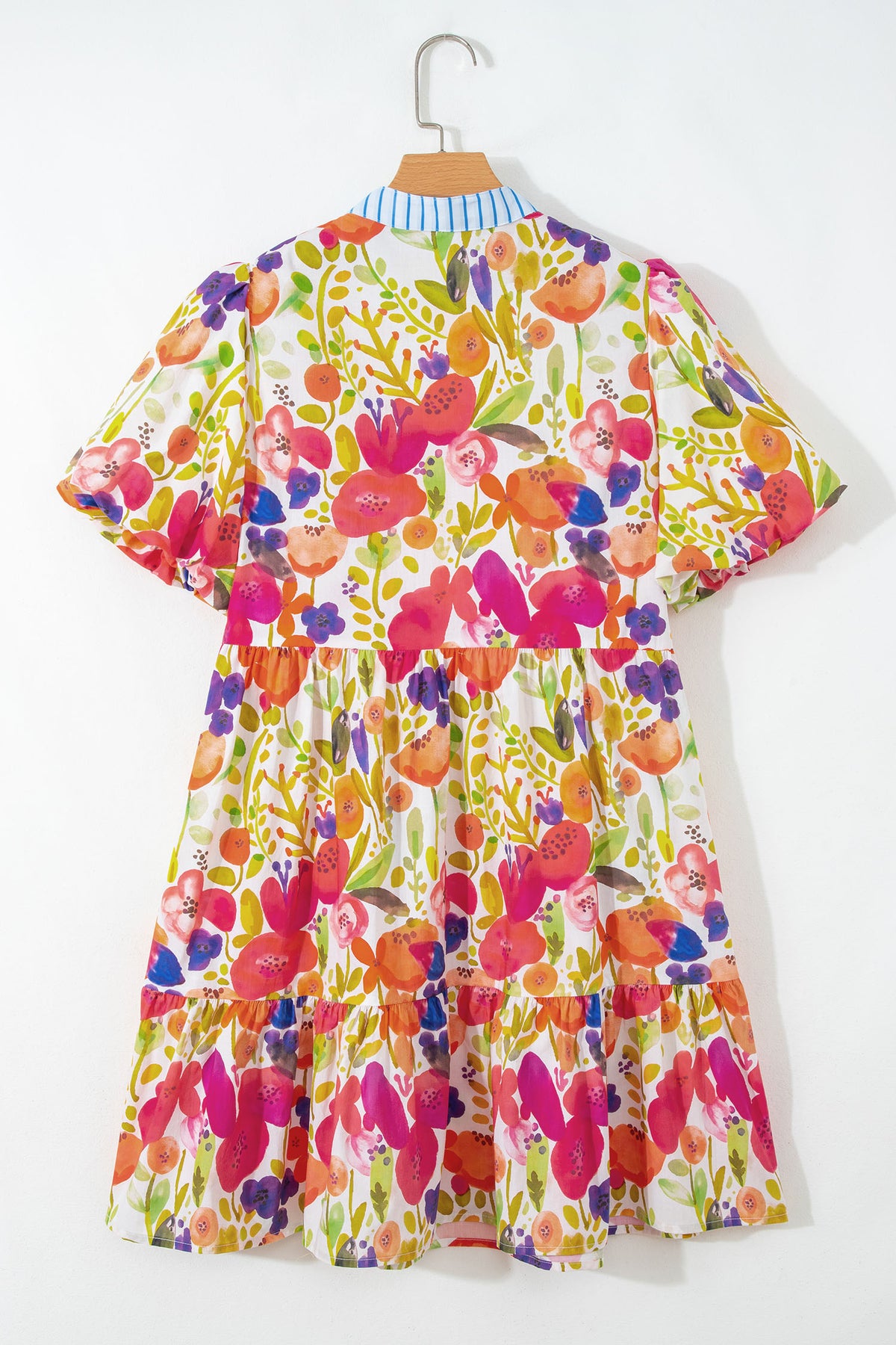 KaleaBoutique Stylish Bright Floral Print Ricrac Trim Striped Patchwork V Neck Dress - KaleaBoutique.com