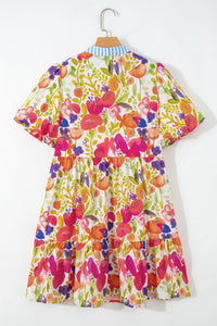 KaleaBoutique Stylish Bright Floral Print Ricrac Trim Striped Patchwork V Neck Dress - KaleaBoutique.com
