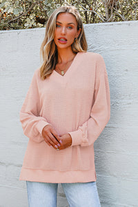 Thermal V Neck Relaxed Long Sleeve Knit Top - KaleaBoutique.com