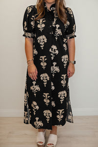 KaleaBoutique Comfortable Floral Print Frilled Collar Short Puff Sleeve Maxi Dress - KaleaBoutique.com