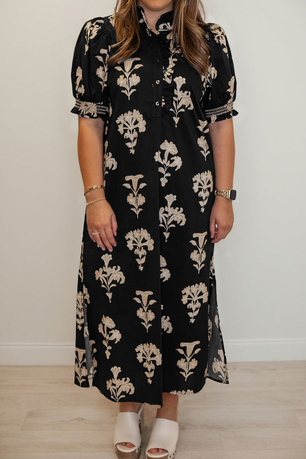 KaleaBoutique Comfortable Floral Print Frilled Collar Short Puff Sleeve Maxi Dress - KaleaBoutique.com