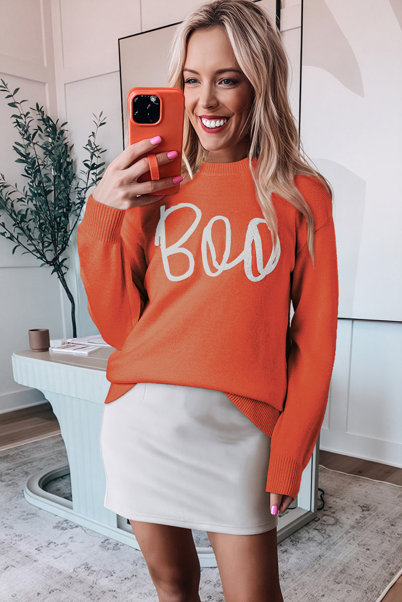 KaleaBoutique Boo Knitted Pattern Ribbed Edge Drop Shoulder Sweater - KaleaBoutique.com