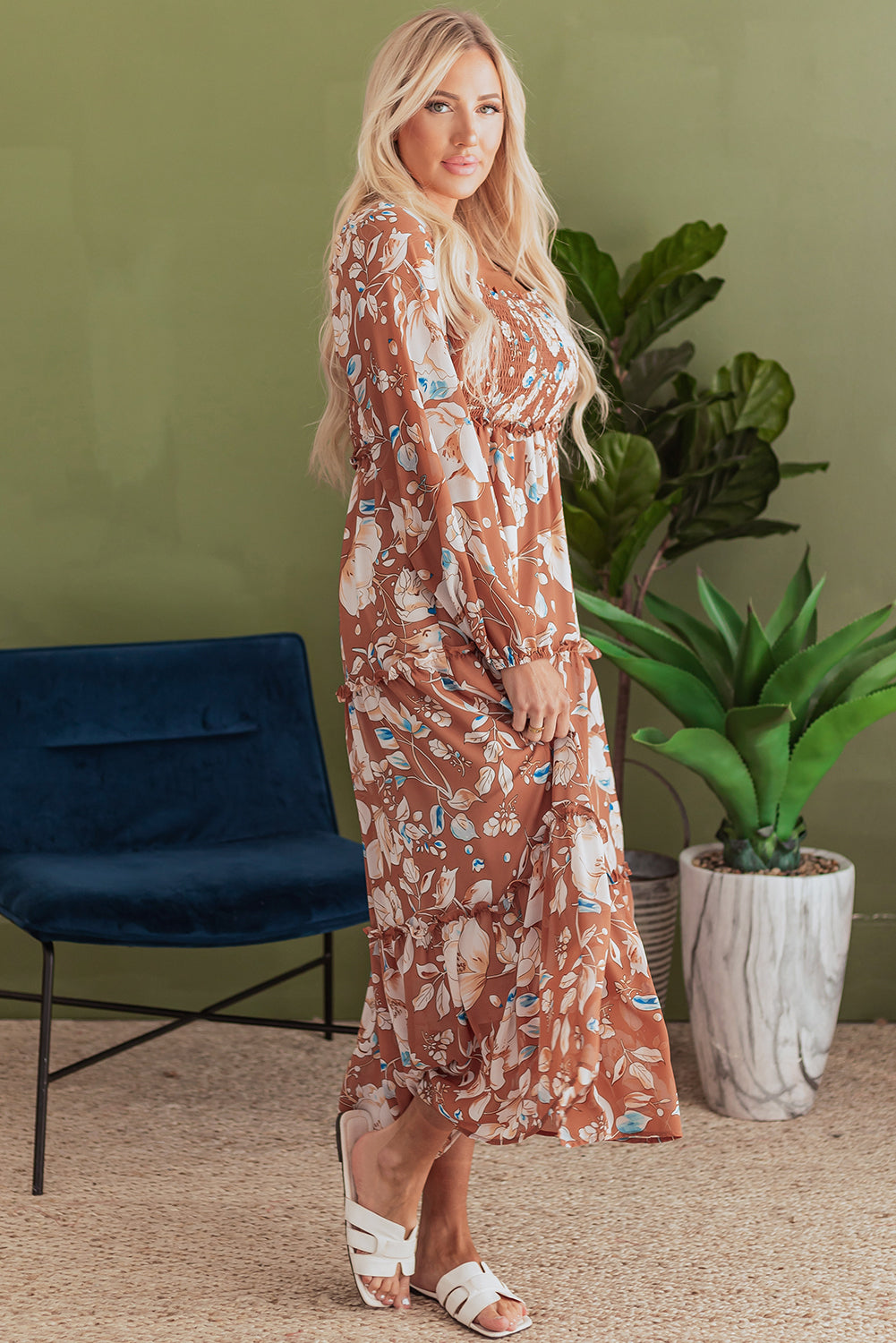 KaleaBoutique Beautiful Floral Print Shirred Square Neck High Waist Maxi Dress - KaleaBoutique.com
