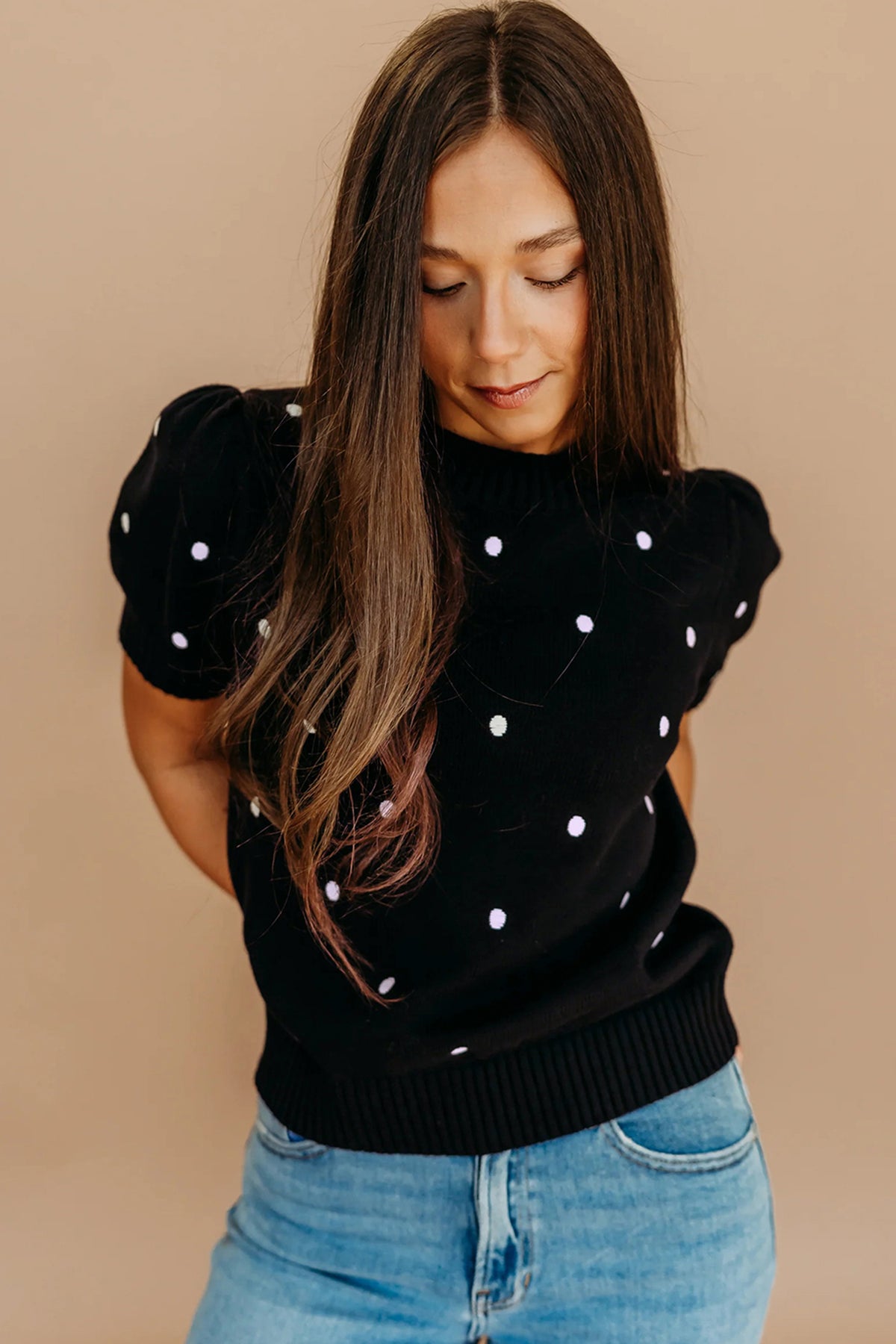 KaleaBoutique Comfortable Elegant Polka Dot Bubble Short Sleeve Sweater - KaleaBoutique.com