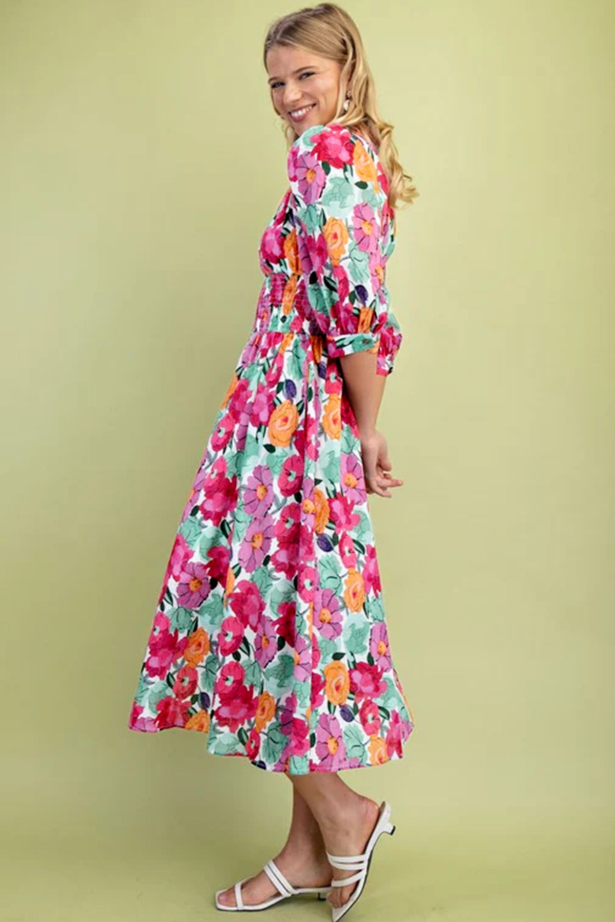 KaleaBoutique Stylish Vibrant Floral Print V Neck Zip Up Puffy Half Sleeve Dress - KaleaBoutique.com