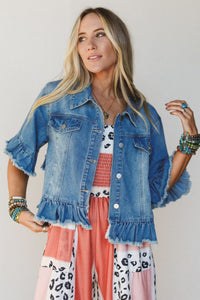 Ruffle Hem Raw Edge Half Sleeve Western Denim Jacket - KaleaBoutique.com