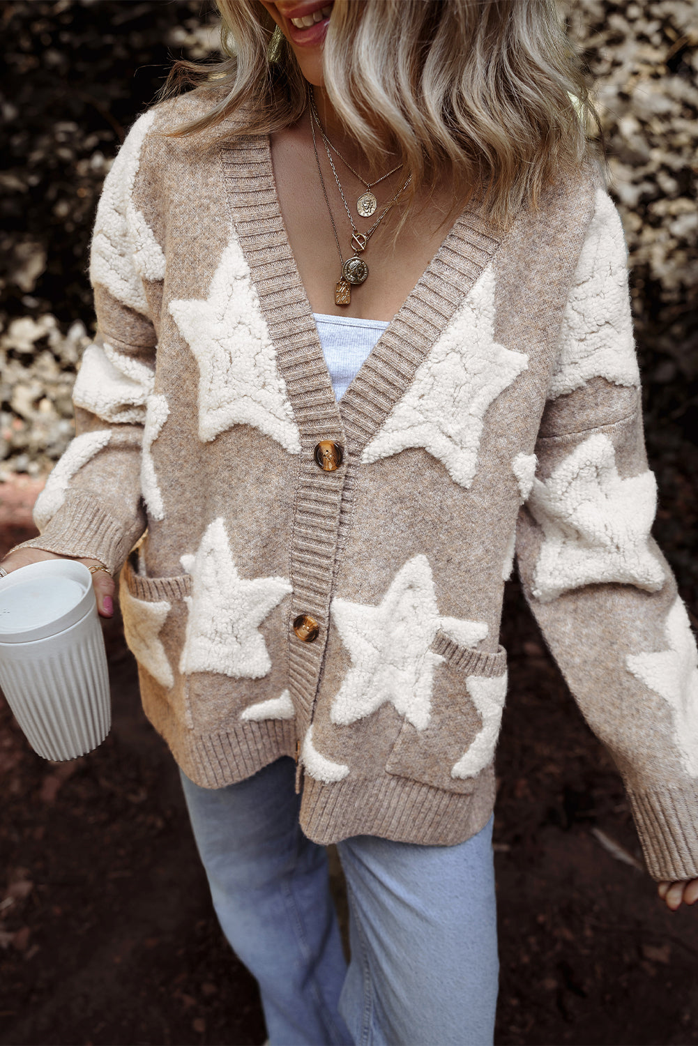 KaleBoutique Stylish Sherpa Star Pattern Textured Sweater Cardigan with Pockets - KaleaBoutique.com