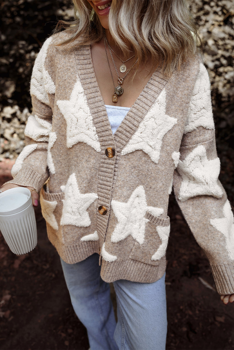 KaleBoutique Stylish Sherpa Star Pattern Textured Sweater Cardigan with Pockets - KaleaBoutique.com