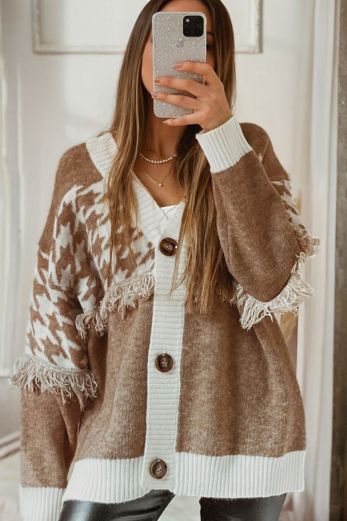 KaleaBoutique Classic Houndstooth Color Block V Neck Raw Edge Button Front Cardigan - KaleaBoutique.com