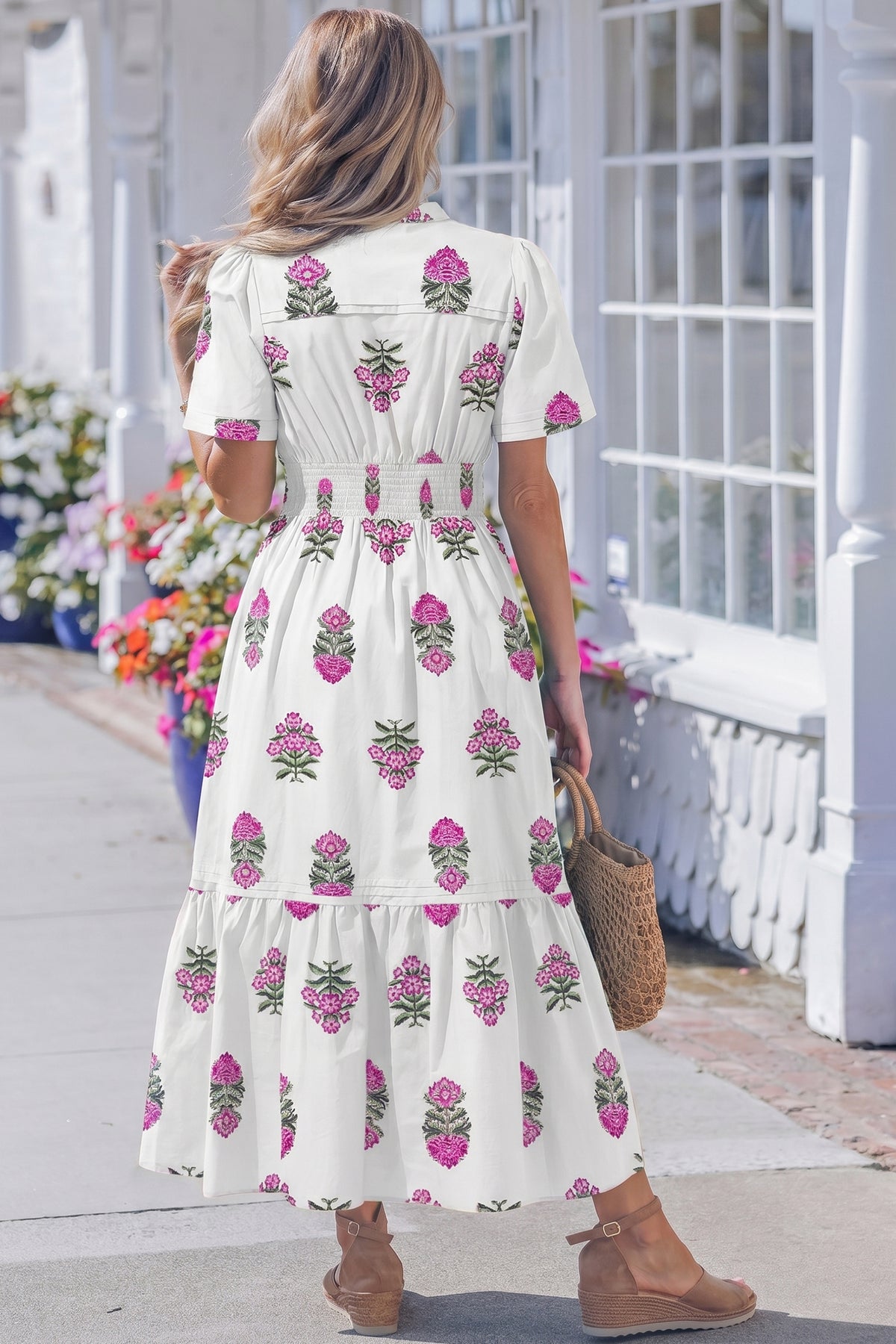 KaleaBoutique Stylish Floral Print Split Neck Shirred High Waist Ruffle Hem Maxi Dress - KaleaBoutique.com