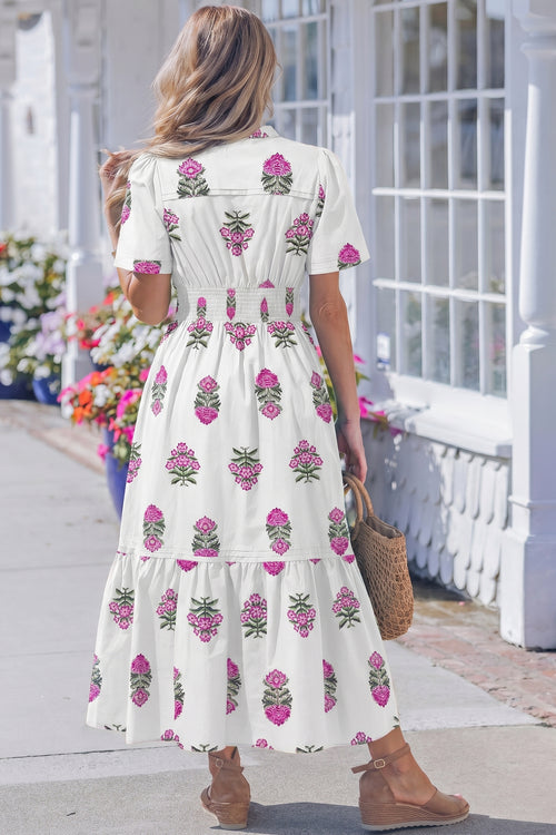 KaleaBoutique Stylish Floral Print Split Neck Shirred High Waist Ruffle Hem Maxi Dress - KaleaBoutique.com