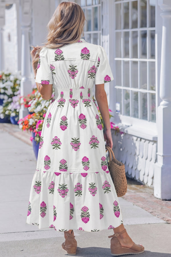KaleaBoutique Stylish Floral Print Split Neck Shirred High Waist Ruffle Hem Maxi Dress - KaleaBoutique.com