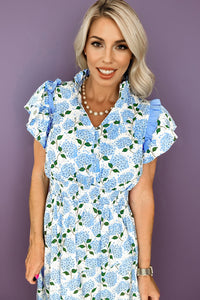 KaleaBoutique Comfortable Hydrangea Floral Print Ruffle Trim Flutter Sleeve Long Dress - KaleaBoutique.com