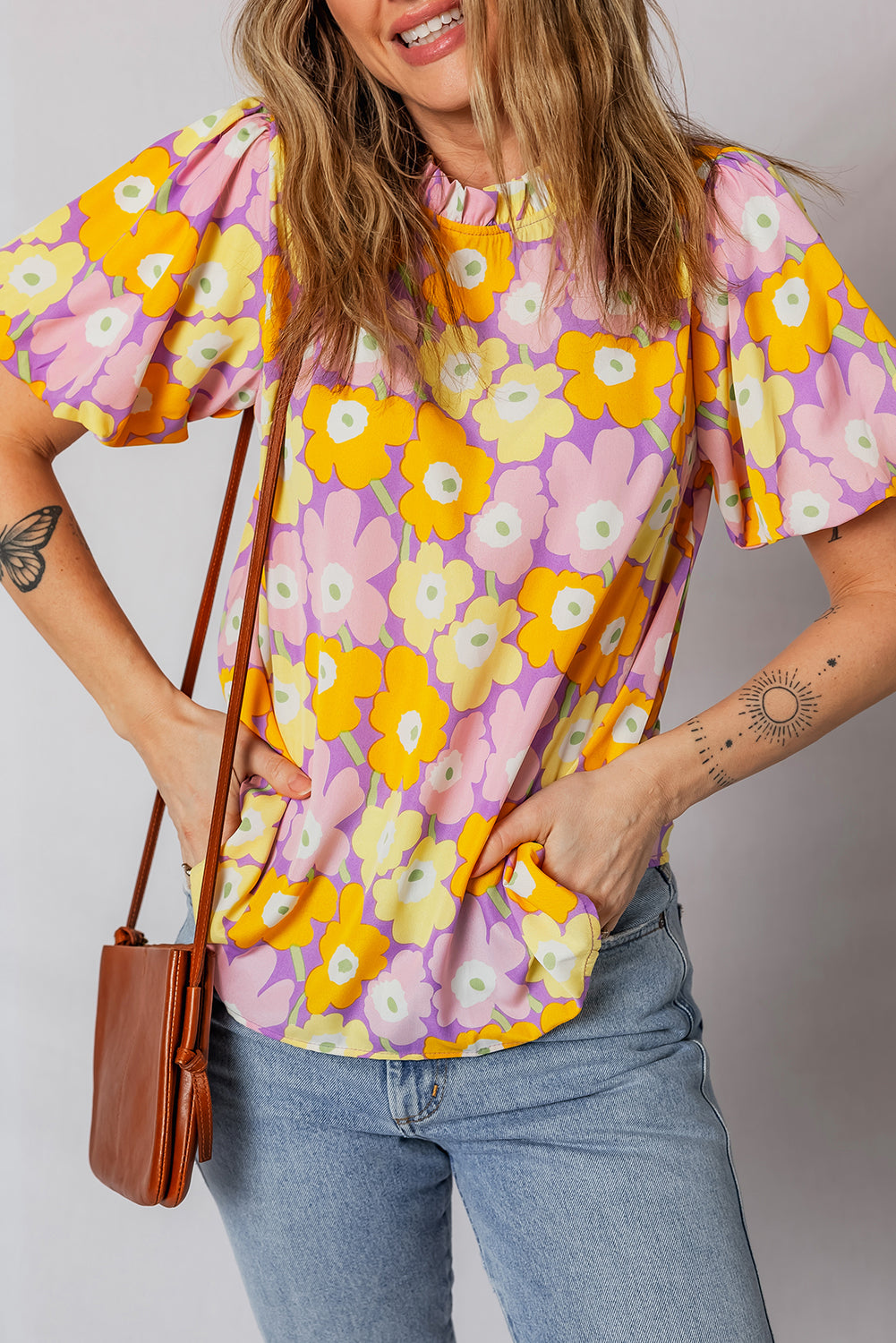 KaleaBoutique Stylish Frilled Neck Puff Short Sleeve Flower Top - KaleaBoutique.com