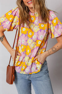 KaleaBoutique Stylish Frilled Neck Puff Short Sleeve Flower Top - KaleaBoutique.com