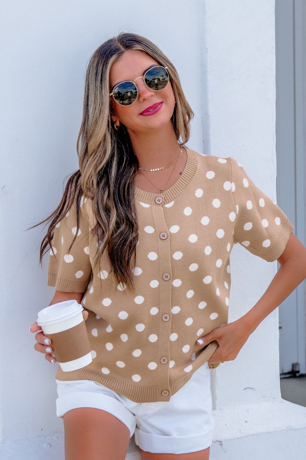 KaleaBoutique Comfortable Polka Dot Short Sleeve Button Down Sweater Cardigan - KaleaBoutique.com