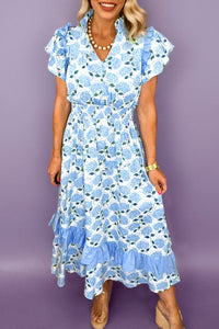 KaleaBoutique Comfortable Hydrangea Floral Print Ruffle Trim Flutter Sleeve Long Dress - KaleaBoutique.com