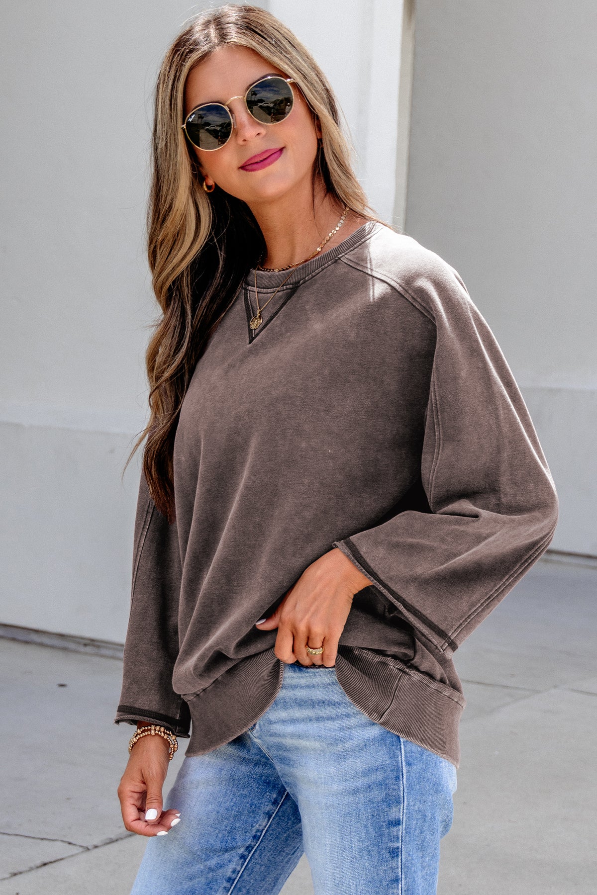 KaleaBoutique Stylish 3/4 Sleeve Mineral Wash Loose Cotton Top - KaleaBoutique.com