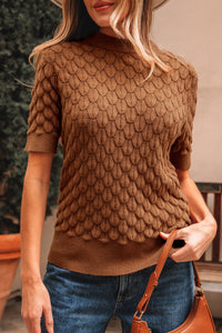 KaleaBoutique Comfortable Fish Scale Textured Knit Ribbed Crew Neck Short Sleeve Sweater - KaleaBoutique.com
