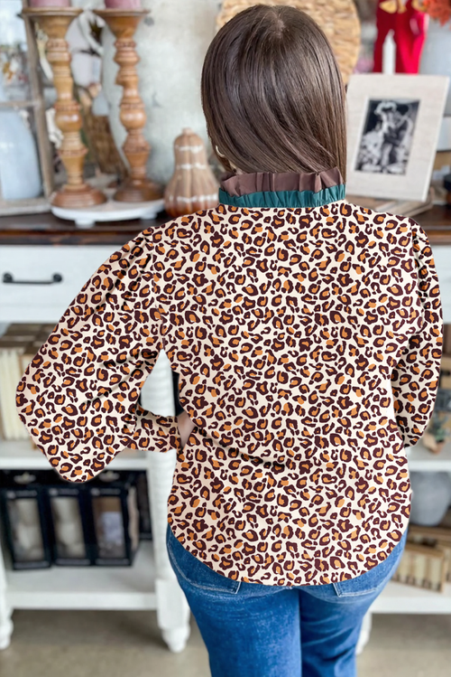 KaleaBoutique Stylish Leopard Print Contrast Frilled Trim Button Down V Neck Shirt - KaleaBoutique.com