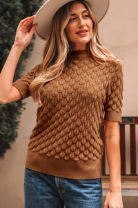 KaleaBoutique Comfortable Fish Scale Textured Knit Ribbed Crew Neck Short Sleeve Sweater - KaleaBoutique.com