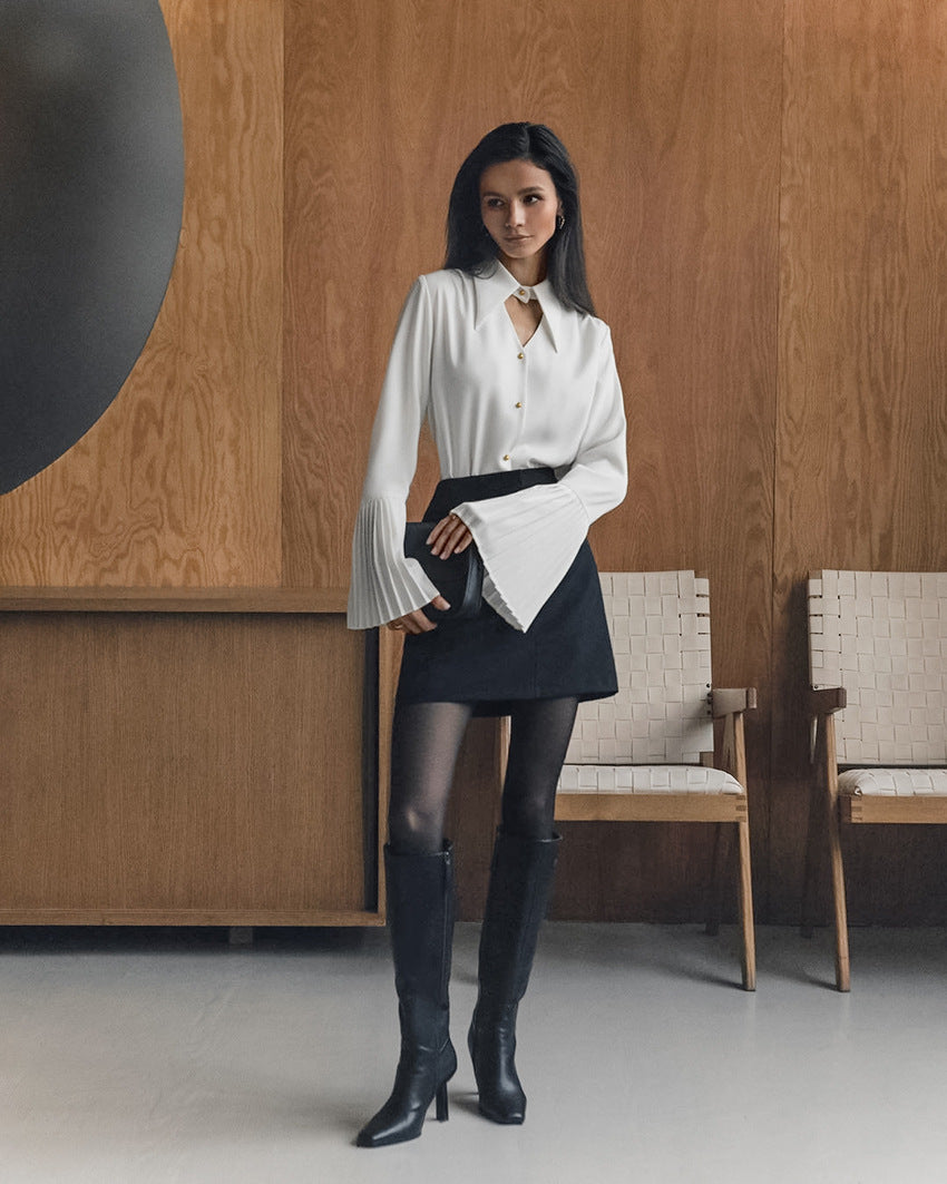 Women's Button-Front Blouse with Pleated Flared Cuffs