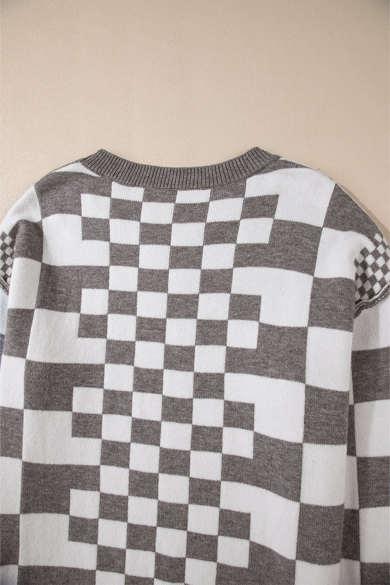 KaleaBoutique Checkered Print Drop Shoulder Round Neck Sweater - KaleaBoutique.com