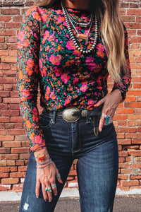 KaleaBoutique Stylish Slim Fit Floral Mesh Long Sleeve Mock Neck Top - KaleaBoutique.com