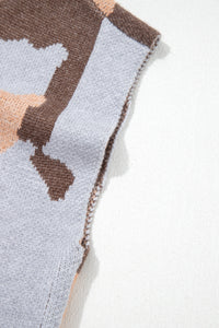 KaleaBoutique Stylish Camouflage Pattern Drop Shoulder High Neck Short Sleeve Shift Sweater - KaleaBoutique.com