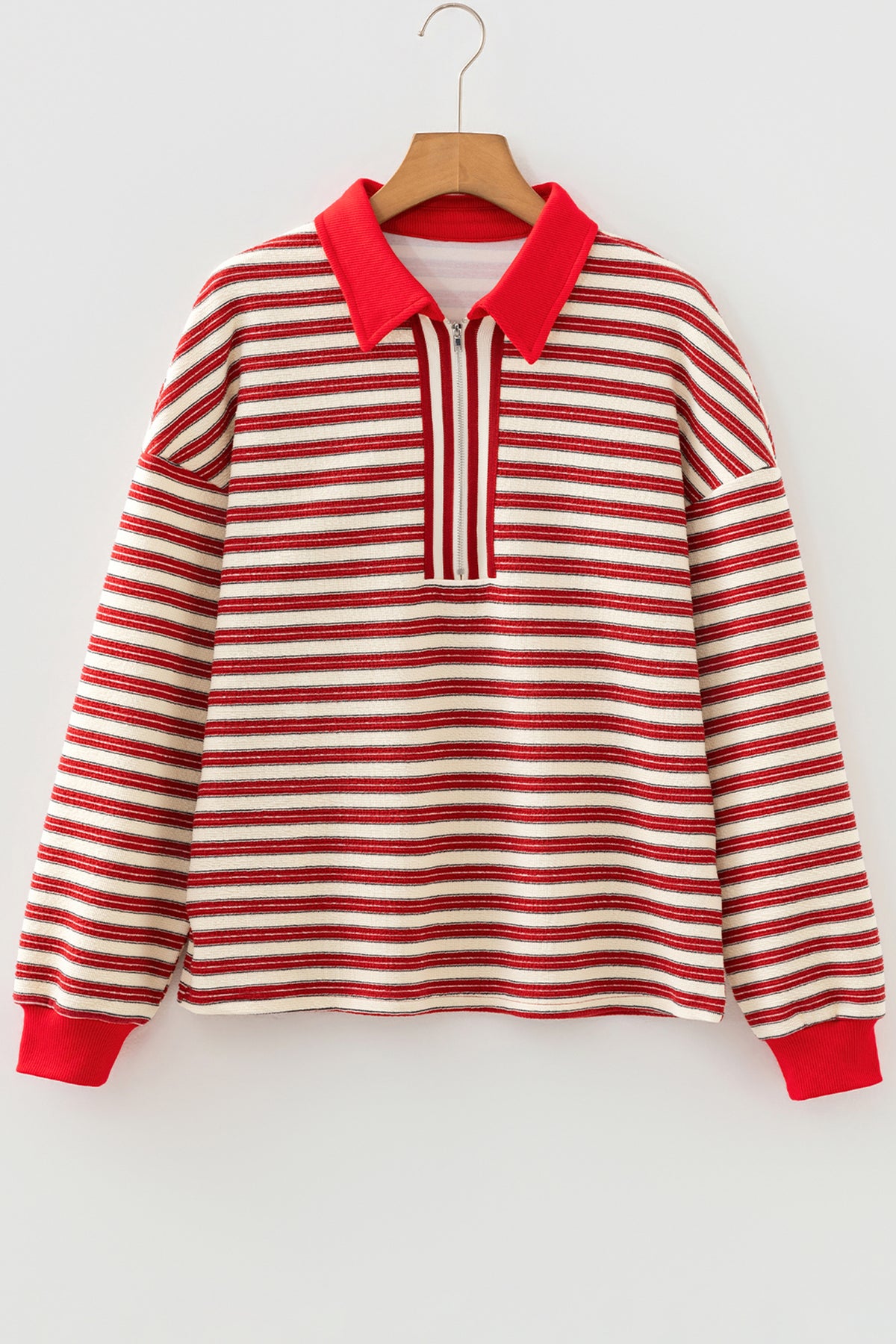 Striped Print Contrast Collar Zip V Neck Long Sleeve Top - KaleaBoutique.com