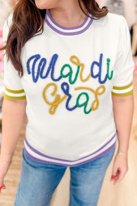 KaleaBoutique Comfortable Mardi Gras Tinsel Letter Graphic Short Sleeve Sweater - KaleaBoutique.com
