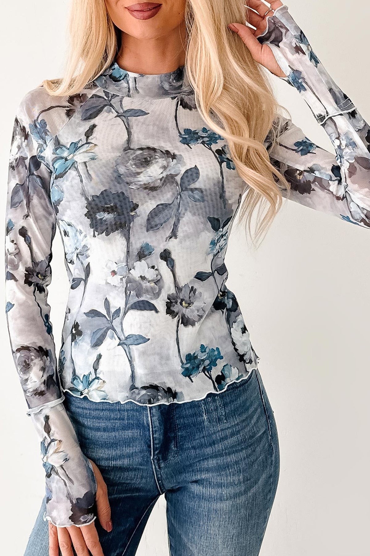 KaleaBoutique Stylish Floral Mesh High Neck Long Sleeve Sheath Top - KaleaBoutique.com