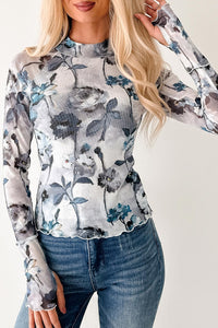 KaleaBoutique Stylish Floral Mesh High Neck Long Sleeve Sheath Top - KaleaBoutique.com