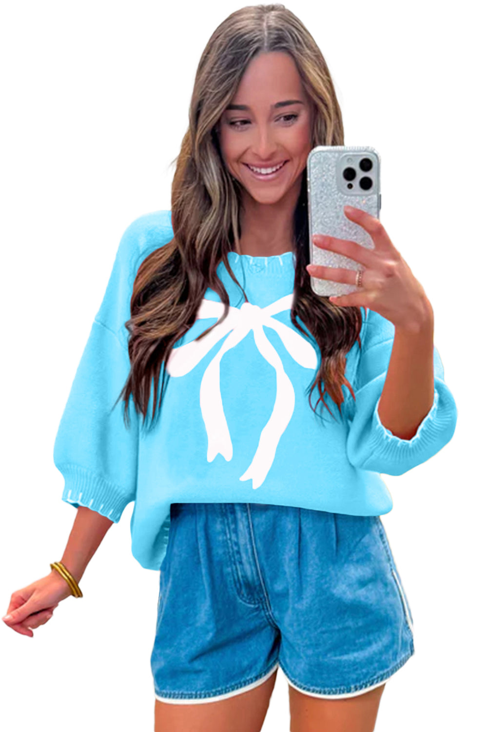 KaleaBoutique Comfortable Big Ribbon Bow Print Contrast Stitch Trim Drop Shoulder Sweater - KaleaBoutique.com