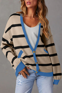 Colorblock Drop Shoulder Buttoned Loose Cardigan - KaleaBoutique.com
