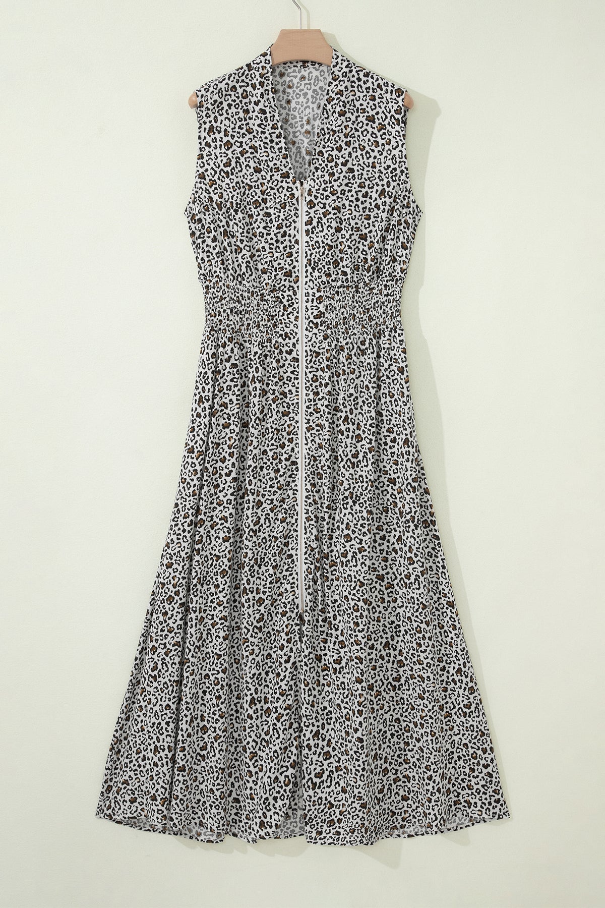 KaleaBoutique Stylish Leopard Zip Front V Neck Cinched Waist Sleeveless Maxi Dress - KaleaBoutique.com
