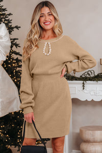KaleaBoutique Stylish Pearl Embellished Keyhole Ribbed Sweater Dress - KaleaBoutique.com